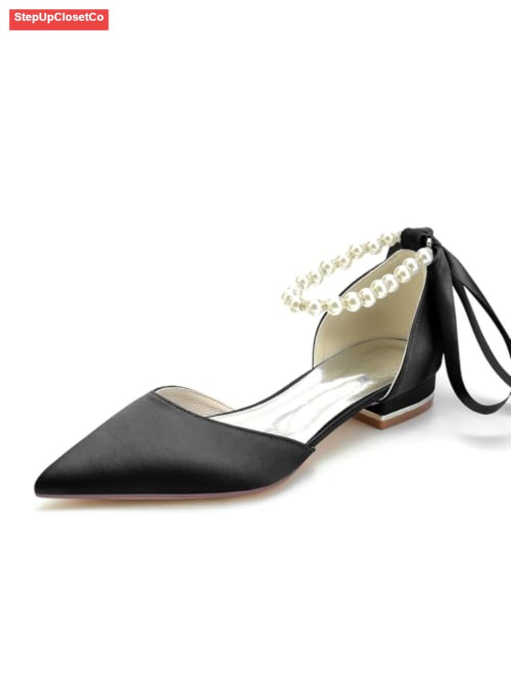 Satin Pearl Pointed Toe Ankle Strap Wedding Flats Pumps